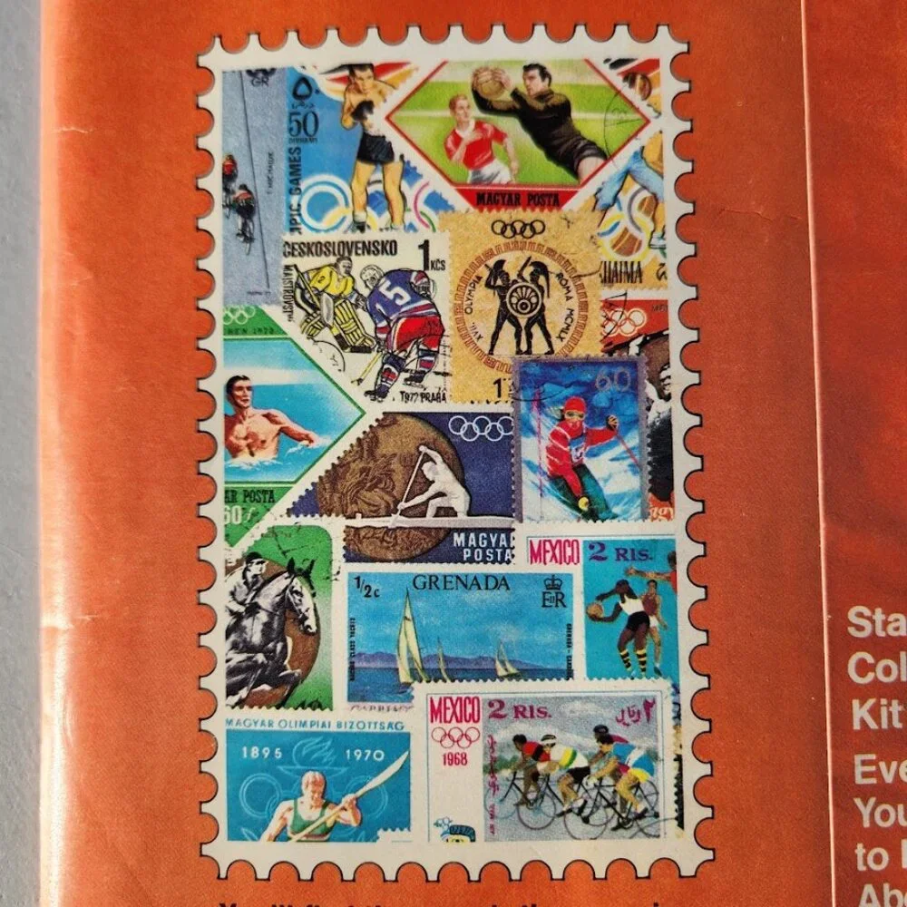 New The World of Sports Stamp Collecting Kit 42 Stamps Album book VINTAGE